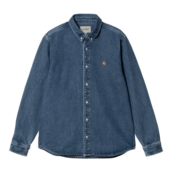 Carhartt WIP L/S Weldon Shirt Chemise Blue Heavy Stone Wash — t-shirt manches longues