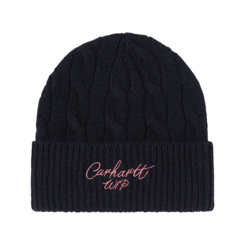 Carhartt WIP Signature Cable Beanie - Deep Night / Glassy Pink - Streetart.fr