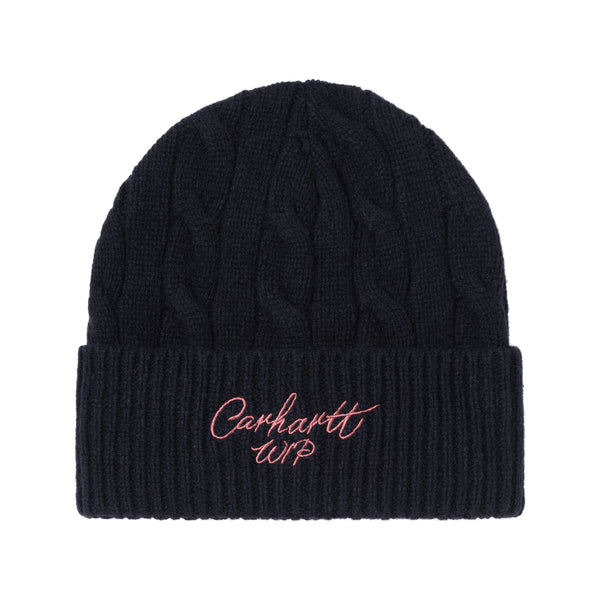 Carhartt WIP Signature Cable Beanie - Deep Night / Glassy Pink - Streetart.fr