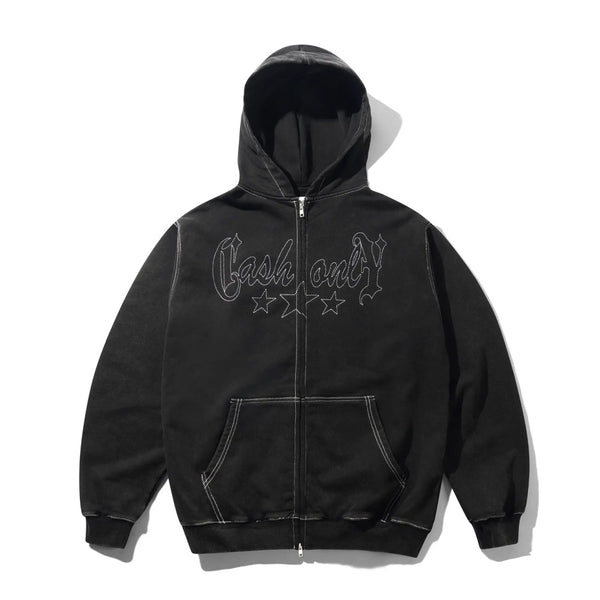 Cash Only Strip Zip-Thru Hood Zip - Washed Black — sweat à capuche