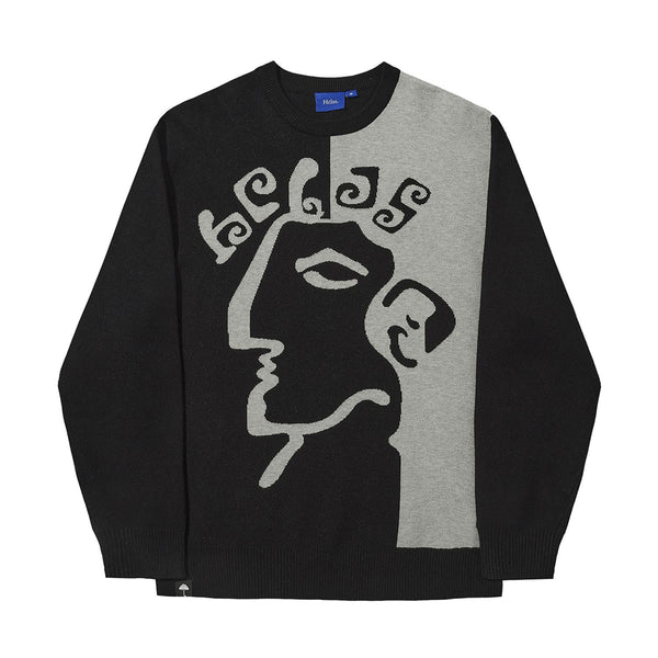 Helas Dieu Grec Crewneck Knit Sweatshirt - Black / Grey - Streetart.fr
