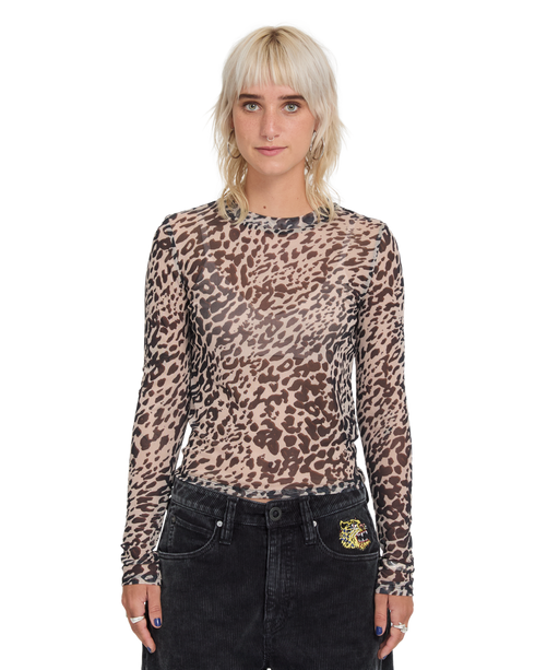 Volcom Women Tigardi Mesh Ls T-Shirt - Animal Print - B0332601-ANM